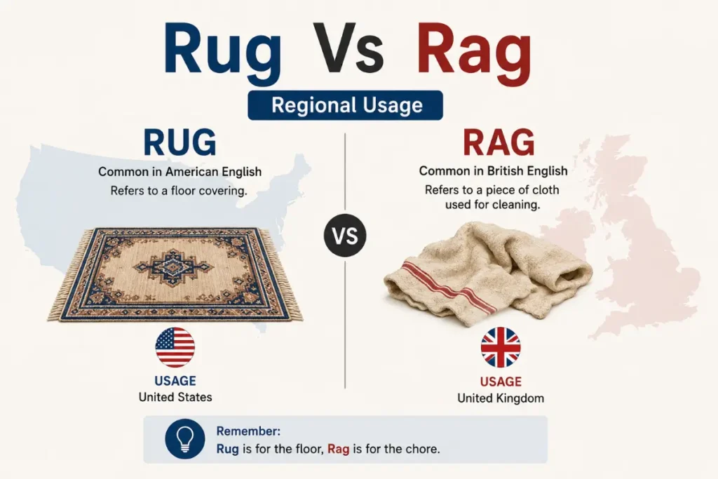 Rug Vs Rag grammar comparison showing Regional Usage in American and British English with clear visual examples.