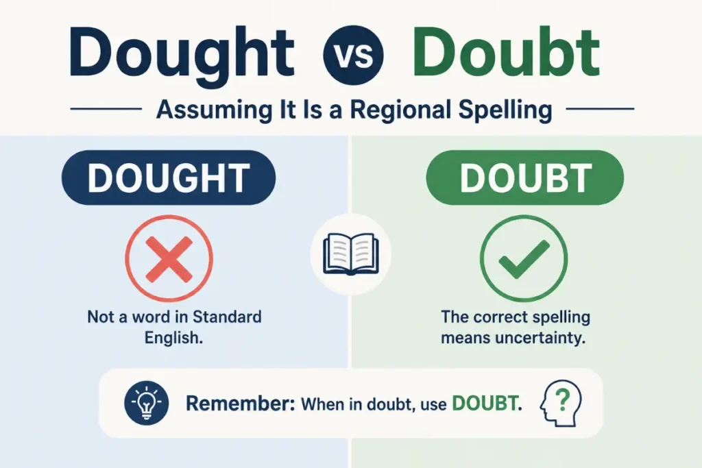 Dought vs Doubt feature image explaining Assuming It Is A Regional Spelling with the correct English spelling.