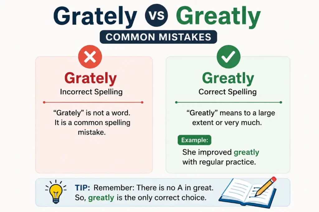 Grately vs Greatly grammar guide showing the common mistake and correct spelling with a simple educational comparison chart.