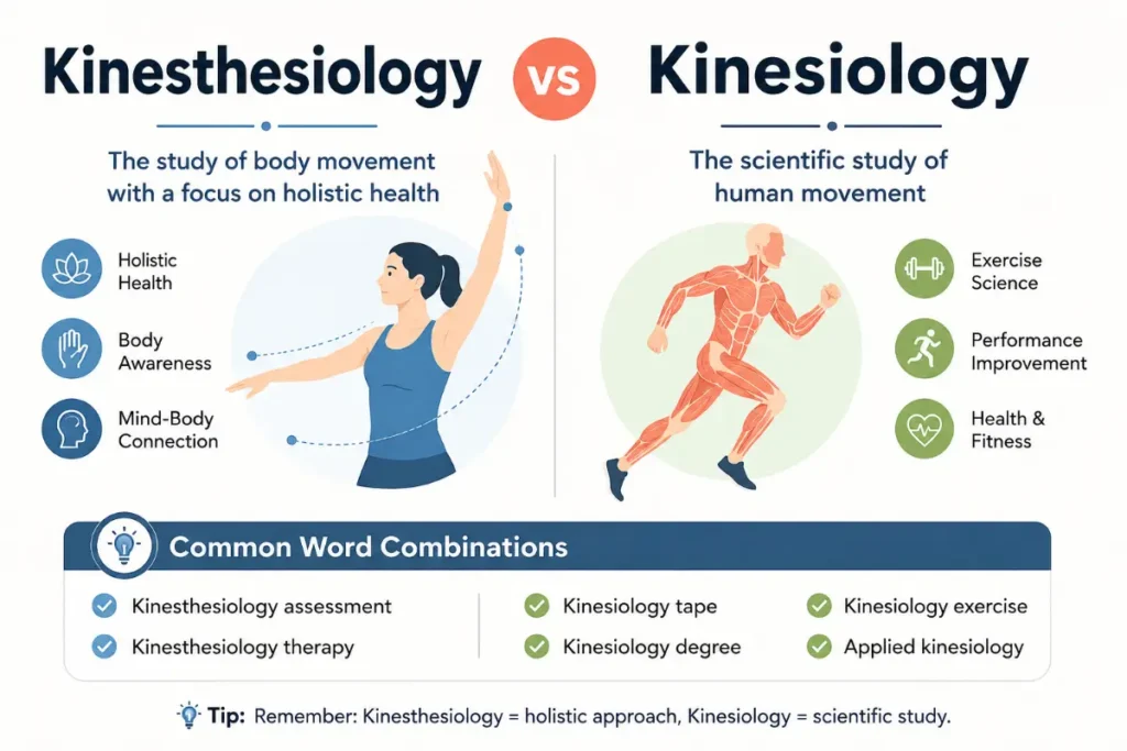 Kinesthesiology vs Kinesiology comparison chart showing common word combinations and key differences in movement studies.