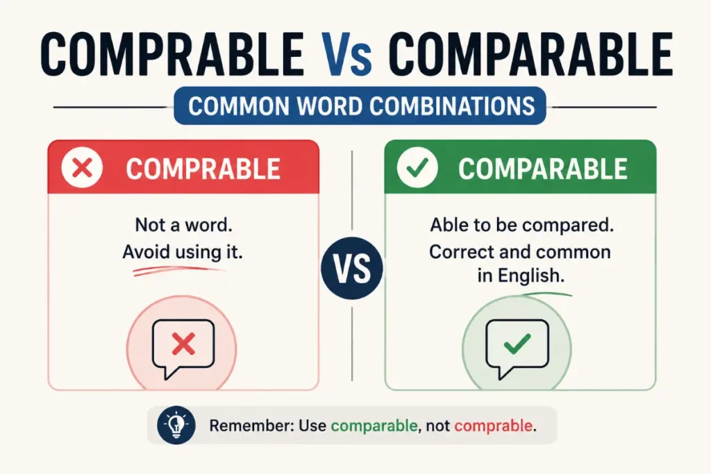 Comprable Vs Comparable: common word combinations showing why "comparable" is correct and "comprable" is incorrect.