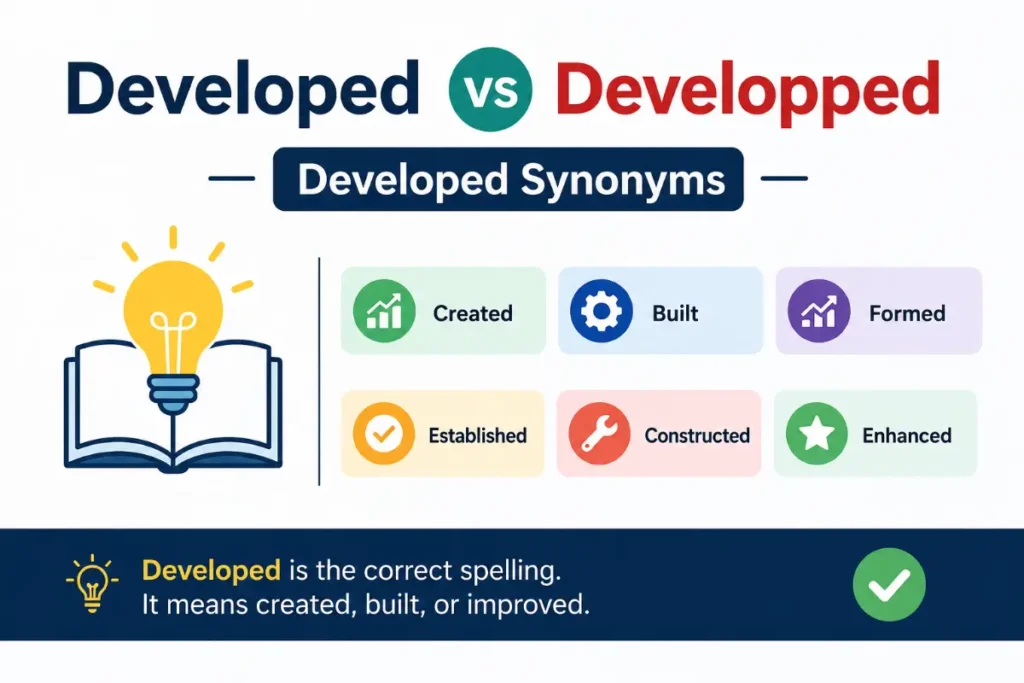 Developed vs Developped comparison showing the correct spelling, Developed synonyms, and clear grammar guidance.