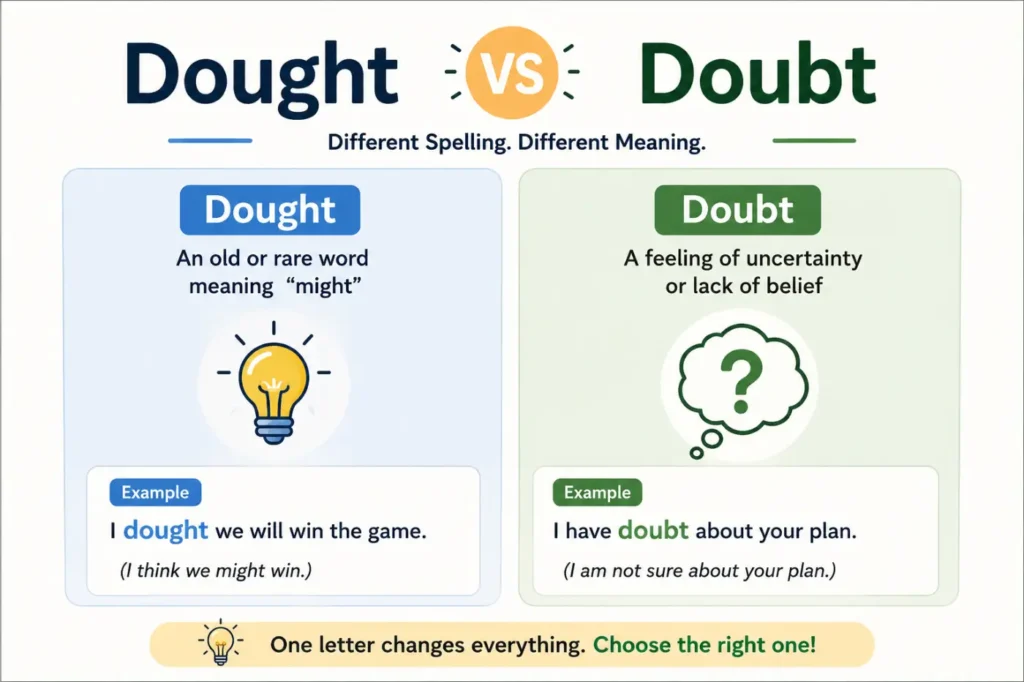 Dought vs Doubt grammar comparison showing the rare word "dought" and the common word "doubt" with simple definitions and examples.