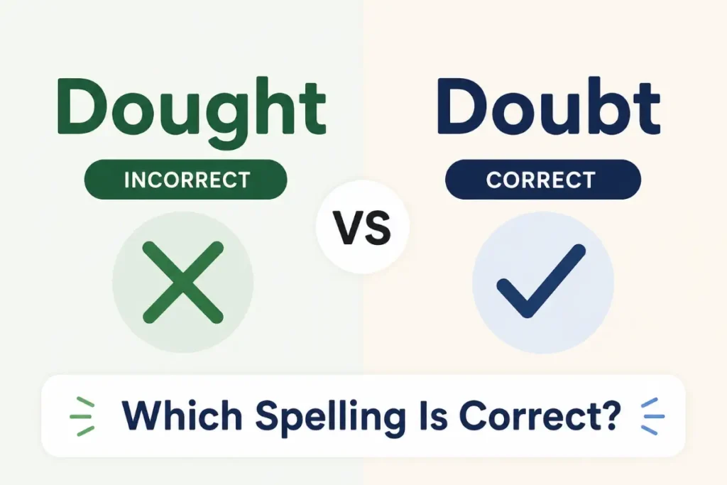 Dought vs Doubt grammar comparison illustration showing the correct spelling with a clean minimalist educational design.