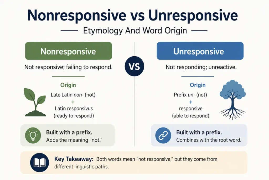 Nonresponsive vs Unresponsive comparison showing etymology and word origin with clear grammar explanations in a clean minimalist educational infographic.