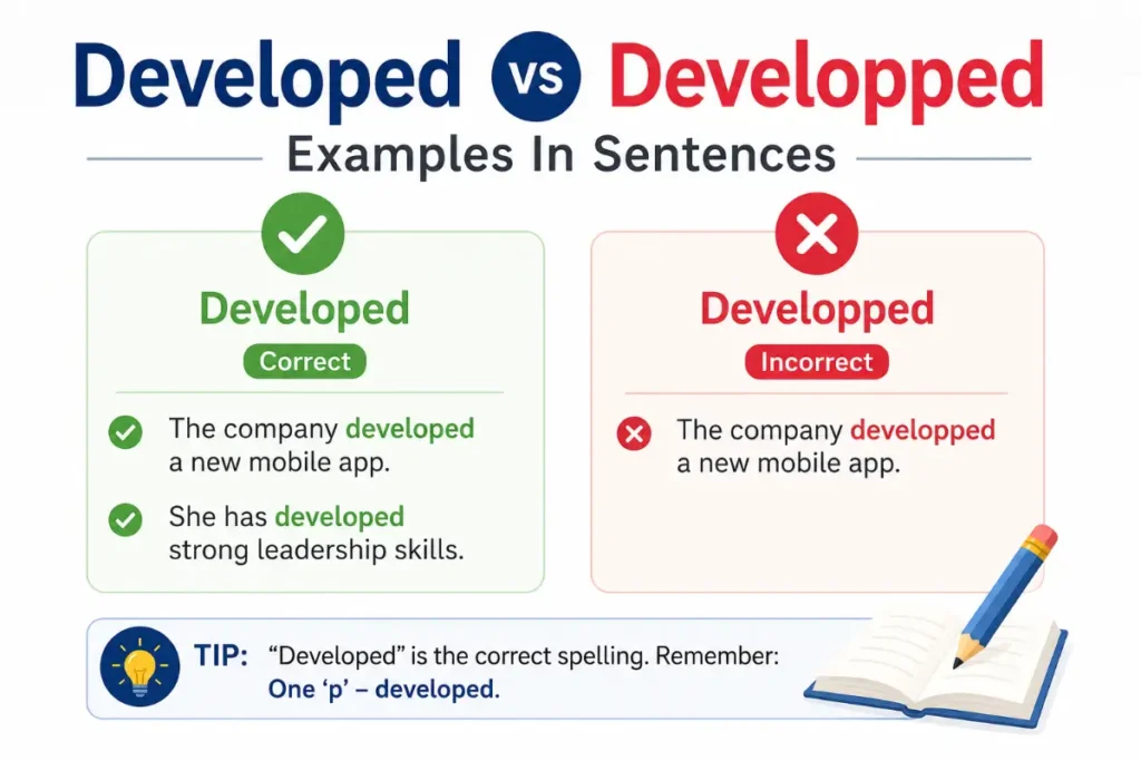 Developed vs Developped grammar comparison with examples in sentences showing the correct spelling and common mistake.