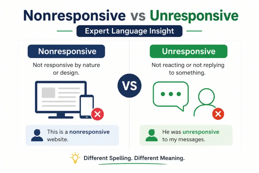"Nonresponsive vs Unresponsive comparison chart with expert language insight explaining the meaning, differences, and correct usage of nonresponsive and unresponsive in English grammar."