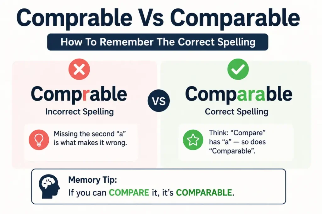 Comprable Vs Comparable grammar guide showing the correct spelling with a simple memory tip to remember Comparable.