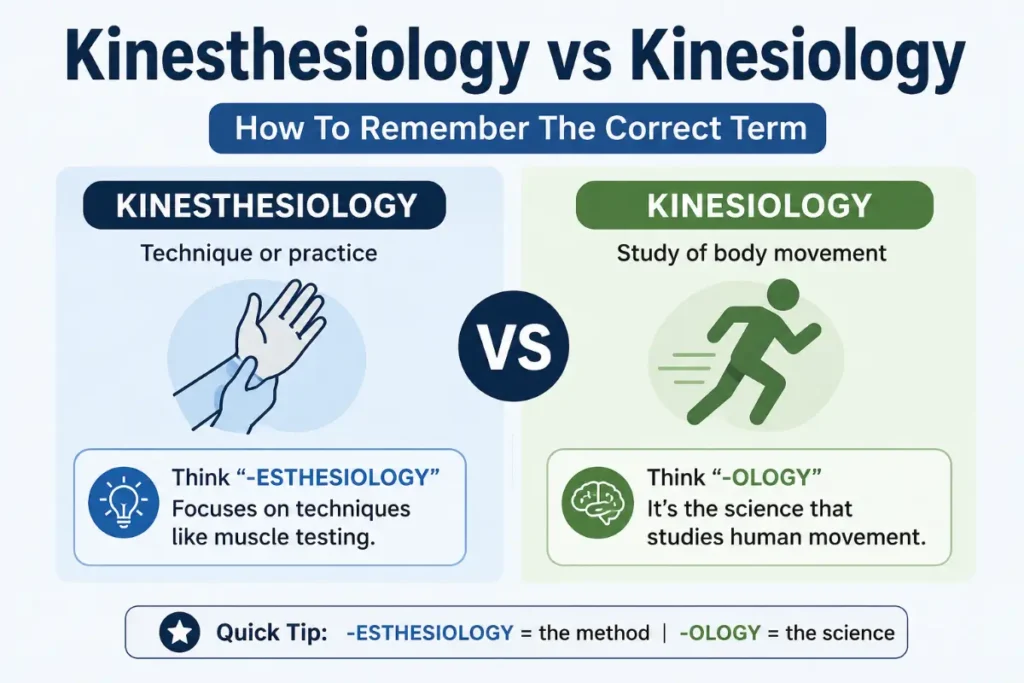 Kinesthesiology vs Kinesiology comparison explaining how to remember the correct term with a simple grammar and word meaning guide.