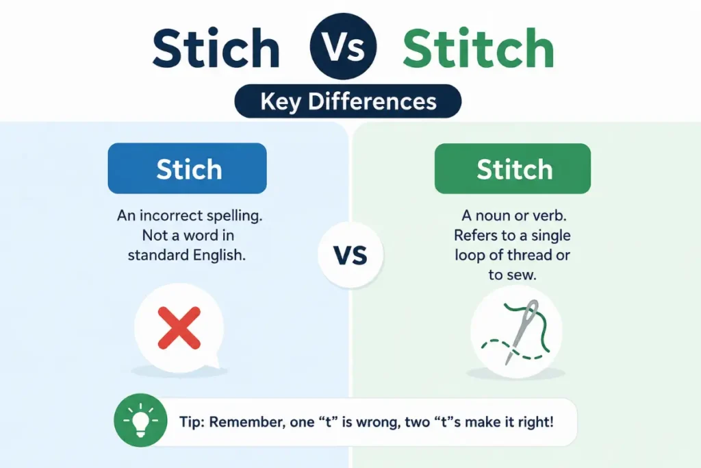 Stich Vs Stitch key differences illustrated with a minimalist sewing needle and thread comparison graphic.