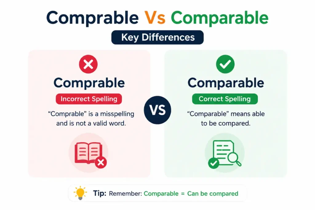 Comprable Vs Comparable key differences illustrated with simple comparison icons highlighting correct and incorrect spelling.