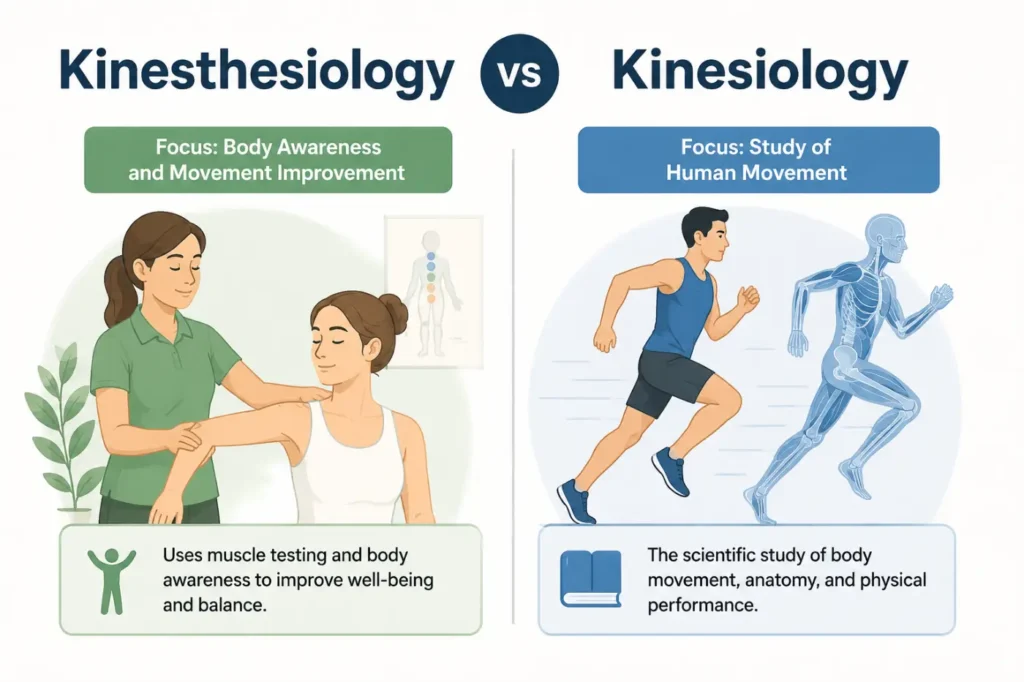 Kinesthesiology vs Kinesiology comparison showing body awareness, movement science, and key grammar differences.