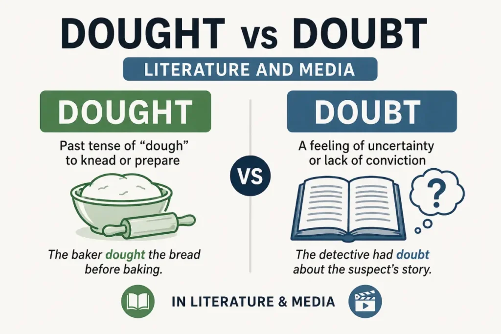 Dought vs Doubt educational grammar comparison in Literature And Media with minimalist design and clear word meanings.