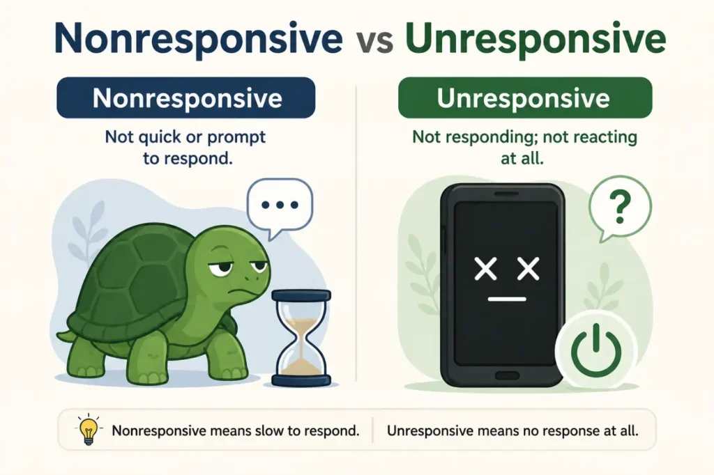 Nonresponsive vs Unresponsive comparison showing the grammar difference with simple illustrations explaining that nonresponsive means slow to respond while unresponsive means no response at all.