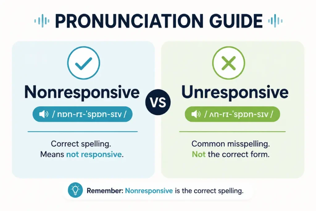 Nonresponsive vs Unresponsive pronunciation guide minimalist educational grammar feature image comparing the two terms with clean visual indicators and a simple modern layout.