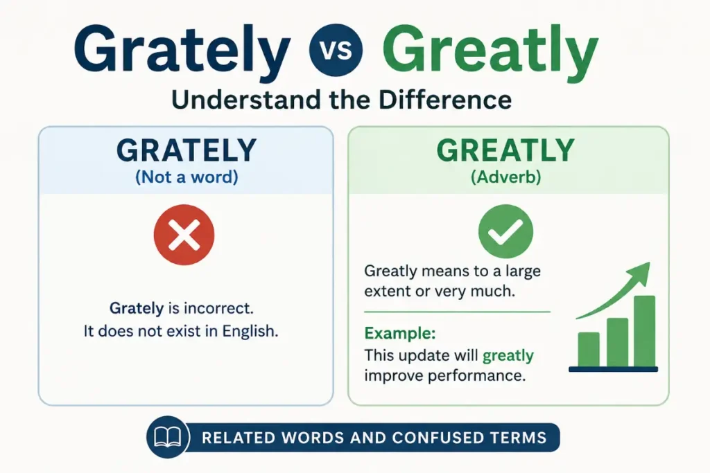 Grately vs Greatly grammar guide comparing incorrect and correct usage with clear examples, related words and confused terms.
