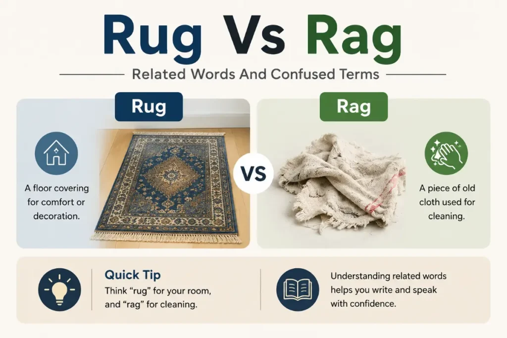 Rug Vs Rag comparison showing a floor rug and cleaning rag with related words and confused terms for English learners.