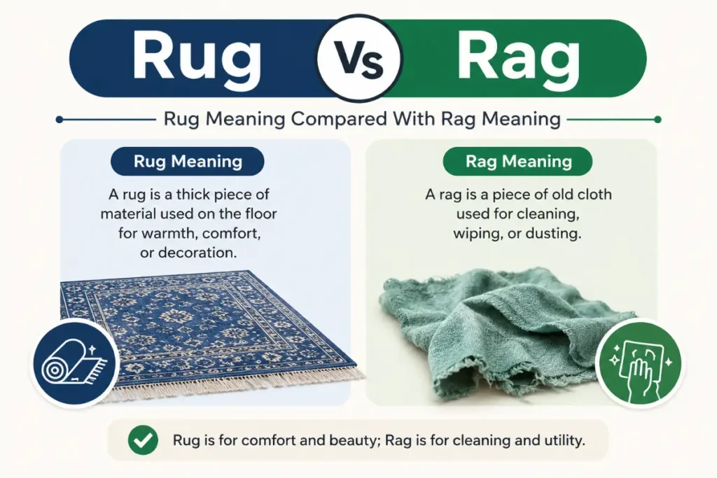Rug Vs Rag comparison showing a floor rug and a cleaning rag to explain their meanings with simple visual examples.