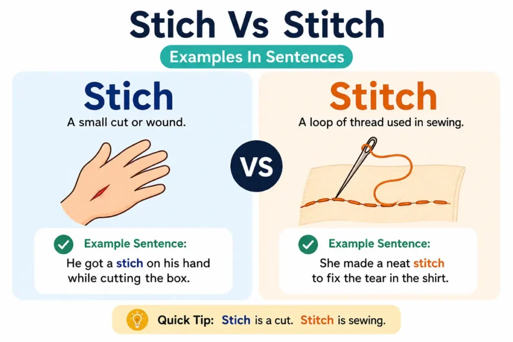 Stich Vs Stitch grammar comparison with examples in sentences showing the correct spelling and meaning.