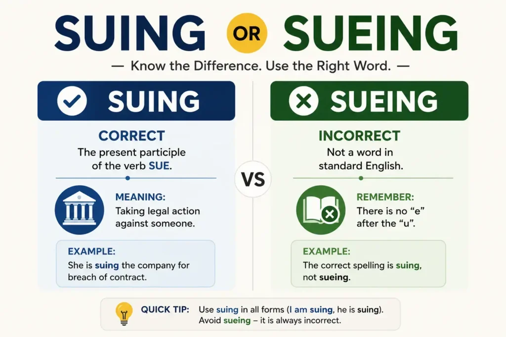 Suing or Sueing: Which Spelling Is Correct? 7 Easy Rules (2026)