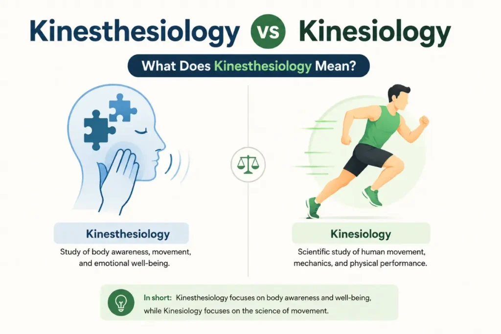 Kinesthesiology vs Kinesiology comparison illustrating what kinesthesiology means with simple movement and body awareness icons.