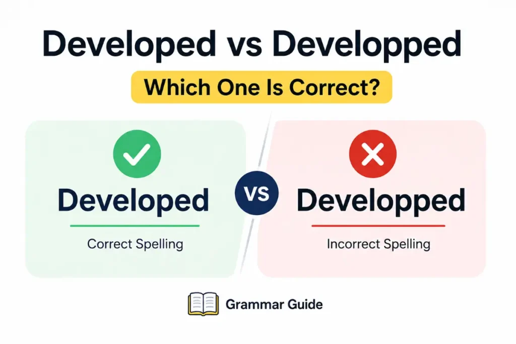 Developed vs Developped comparison showing the correct spelling in a clean, minimalist grammar guide answering which one is correct.