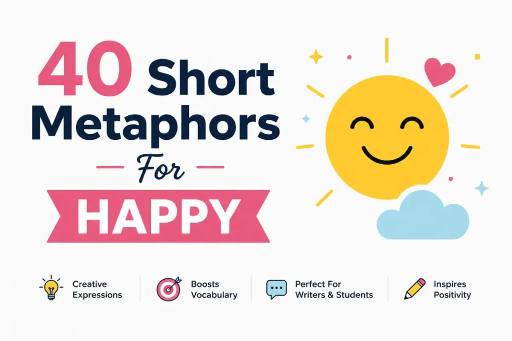 Minimalist educational feature image for Metaphor for Happy with cheerful sunshine icon and clean grammar-themed design.