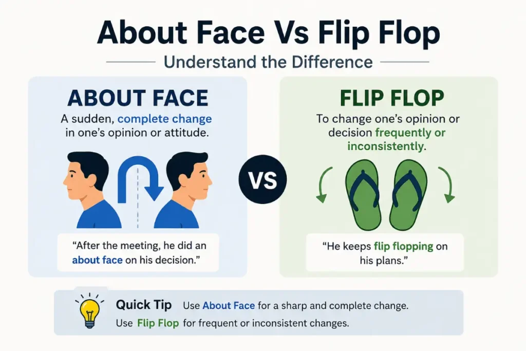 About Face Meaning explained with a clear comparison of About Face Vs Flip Flop.