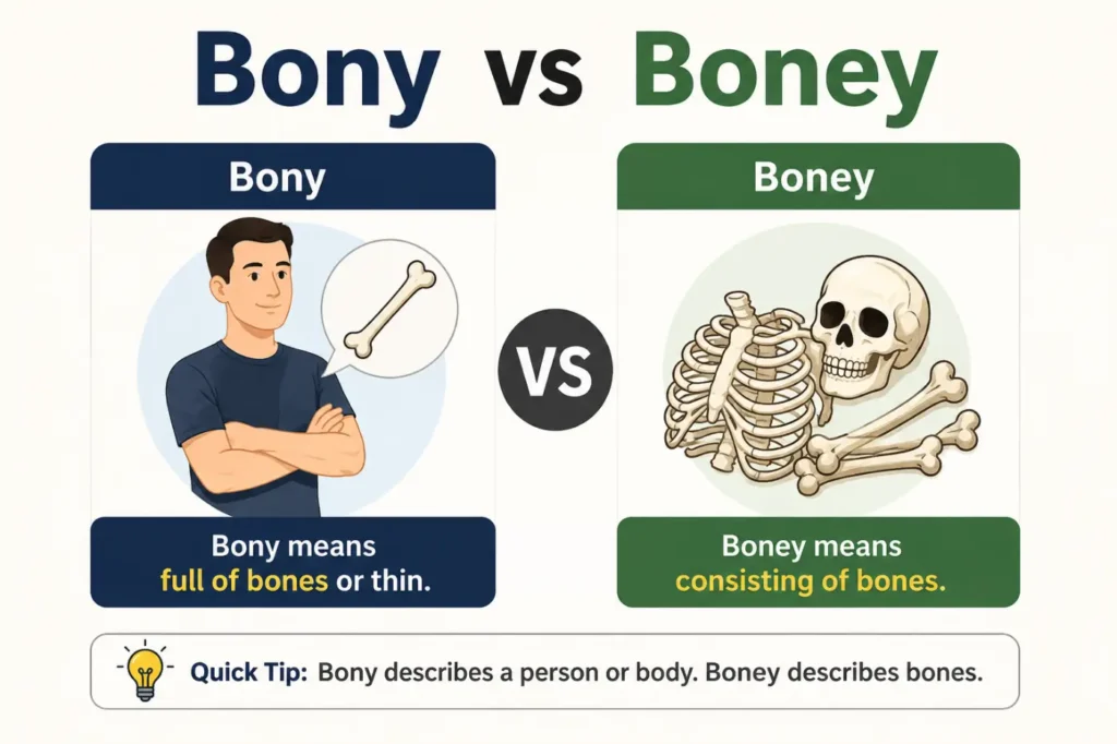 Bony vs Boney grammar comparison showing the meaning and correct usage of both words in a clean educational infographic.