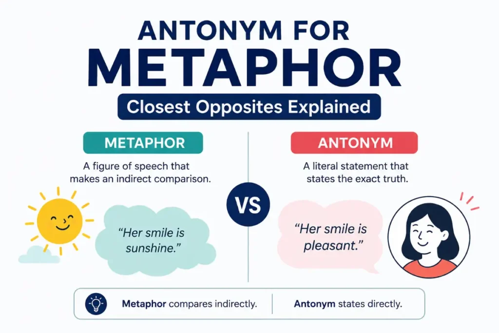 image explaining Antonym For Metaphor with closest opposites in a clean educational layout.