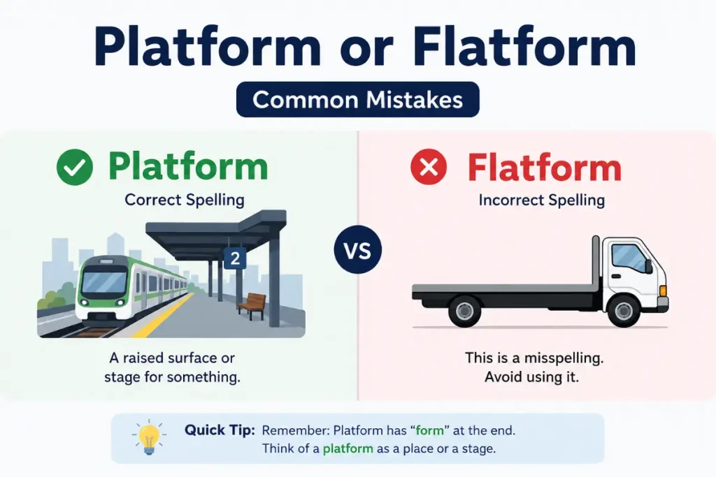 Platform or Flatform common mistakes explained with correct and incorrect spelling.