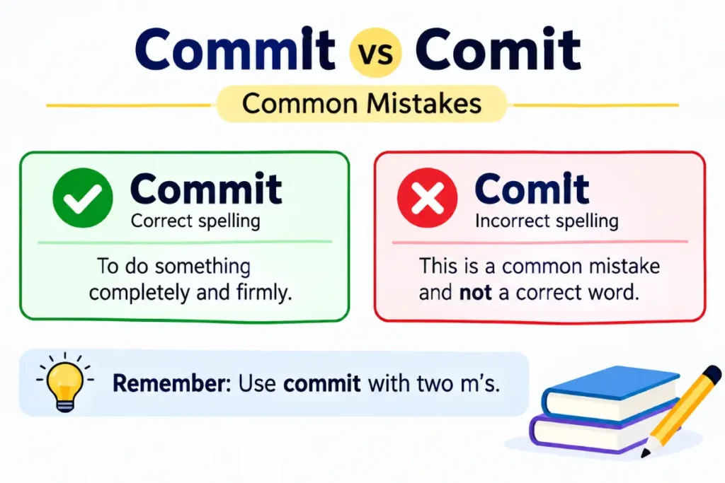 Commit vs Comit common mistakes guide showing the correct spelling of commit and explaining why comit is incorrect.