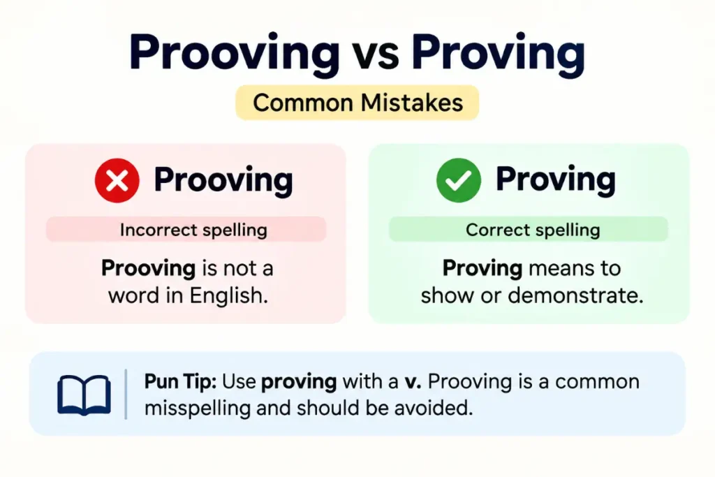 Prooving vs Proving common mistakes guide showing the correct spelling Proving and the incorrect spelling Prooving.