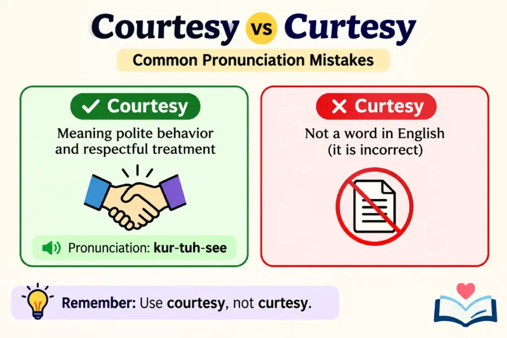 Courtesy vs Curtesy grammar guide explaining the correct spelling and common pronunciation mistakes in clear educational format.
