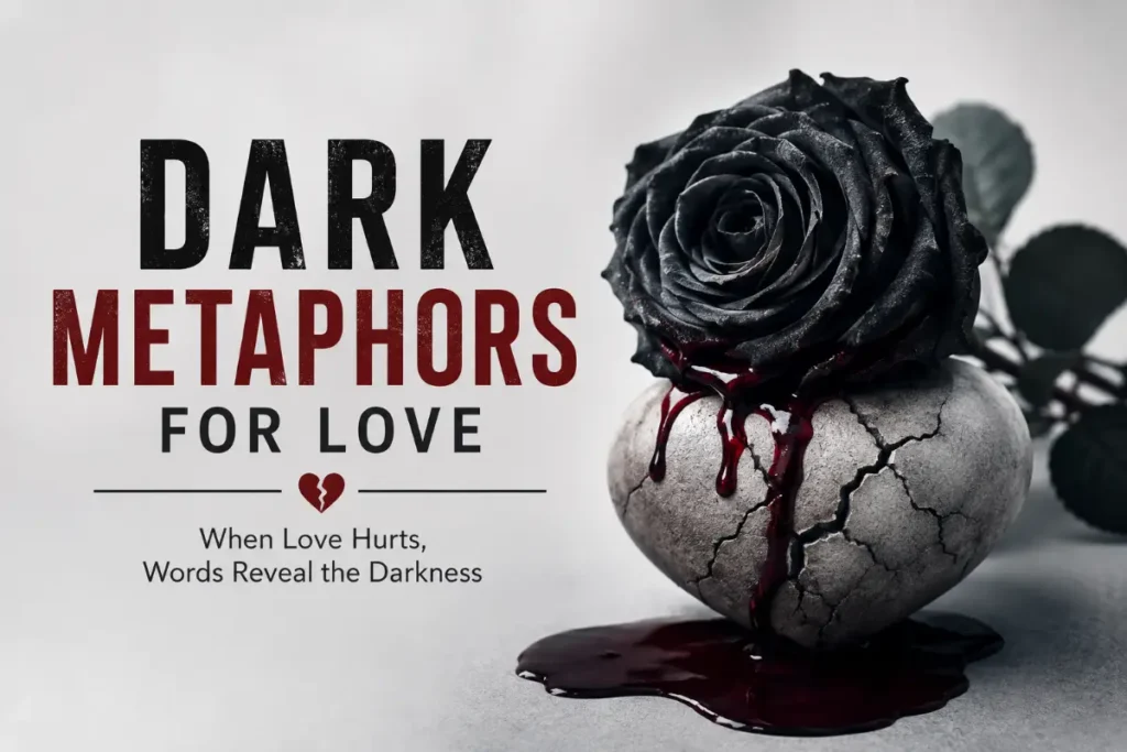 Dark metaphors for love shown through a cracked heart and black rose.