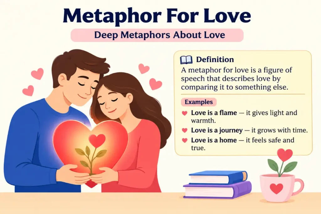Metaphor For Love featuring deep metaphors about love with a couple, heart, and examples.