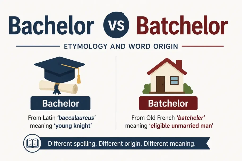 Bachelor vs Batchelor feature image explaining etymology and word origin with a clear grammar comparison.