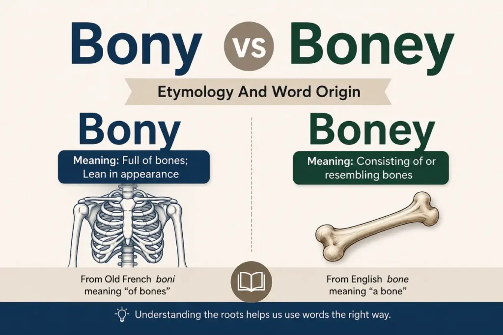 Bony vs Boney etymology and word origin comparison showing meanings, usage, and grammar differences with bone illustrations.