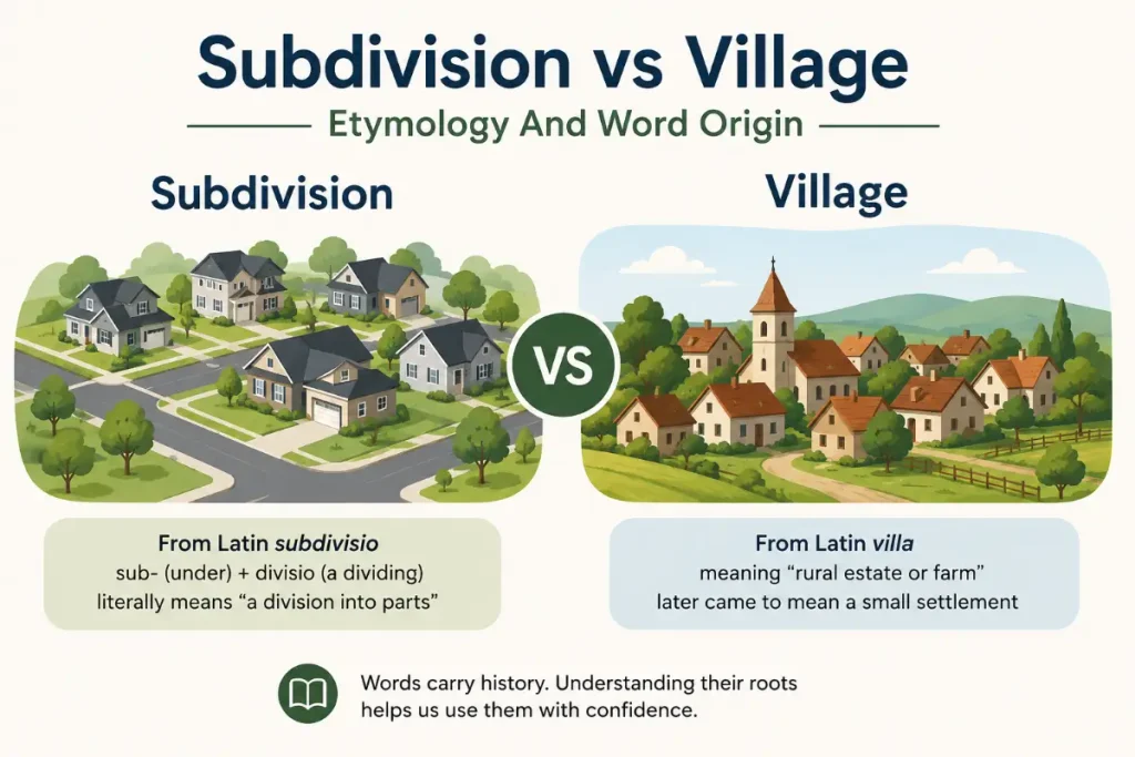 Subdivision vs Village explained through etymology and word origin.