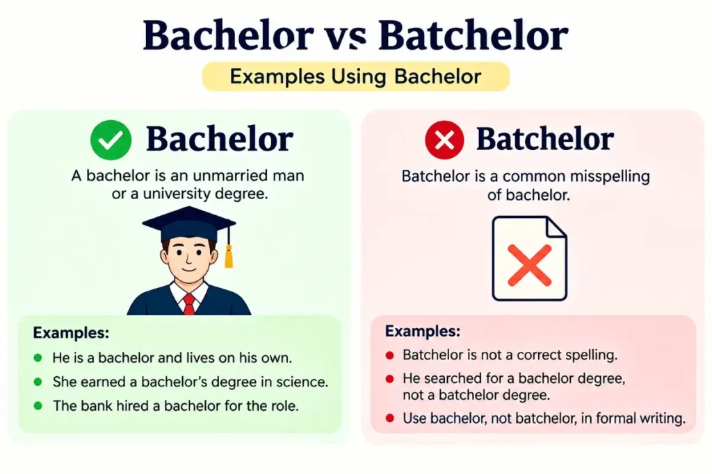 Bachelor vs Batchelor grammar guide with Examples Using Bachelor showing the correct spelling and common misspelling.
