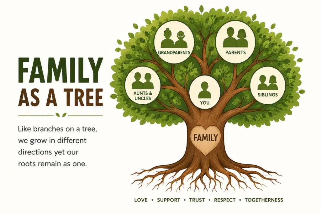 Metaphor for Family explained through a family tree showing love, support, and shared roots.