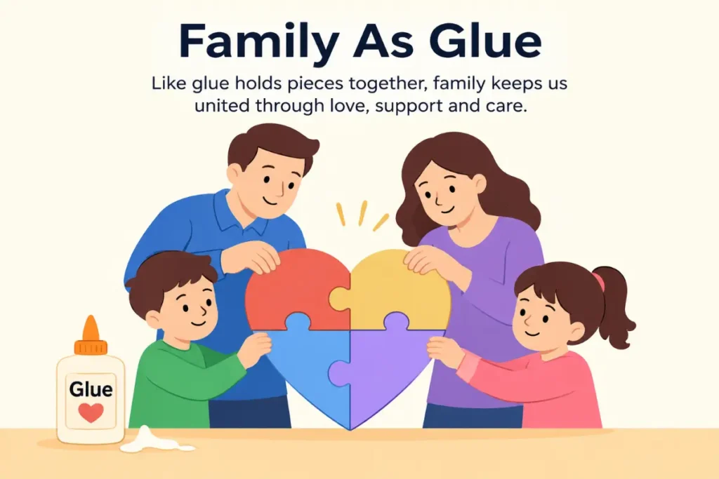 Metaphor for Family showing Family As Glue through a family holding heart-shaped puzzle pieces together.