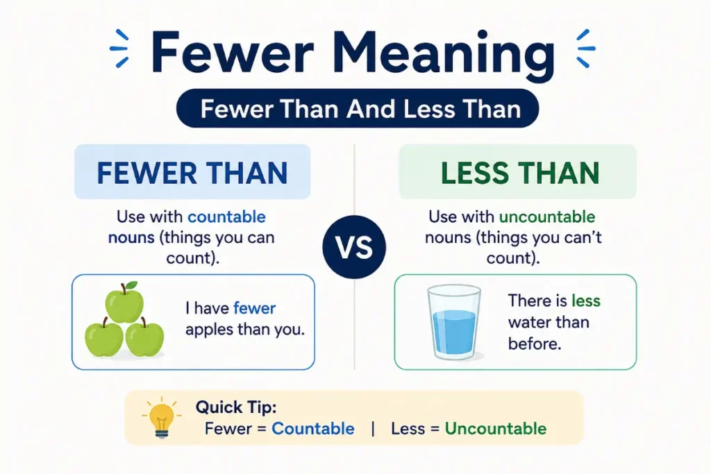 Fewer Meaning explained with a clear comparison of Fewer Than and Less Than.