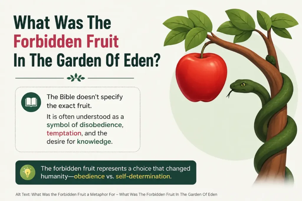 What Was the Forbidden Fruit a Metaphor For illustrated with a symbolic fruit and serpent in the Garden of Eden.