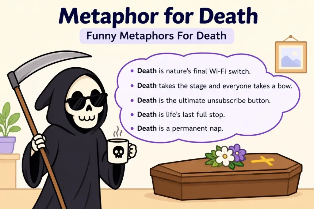 Metaphor for Death explained with funny metaphors for death in a simple grammar illustration.