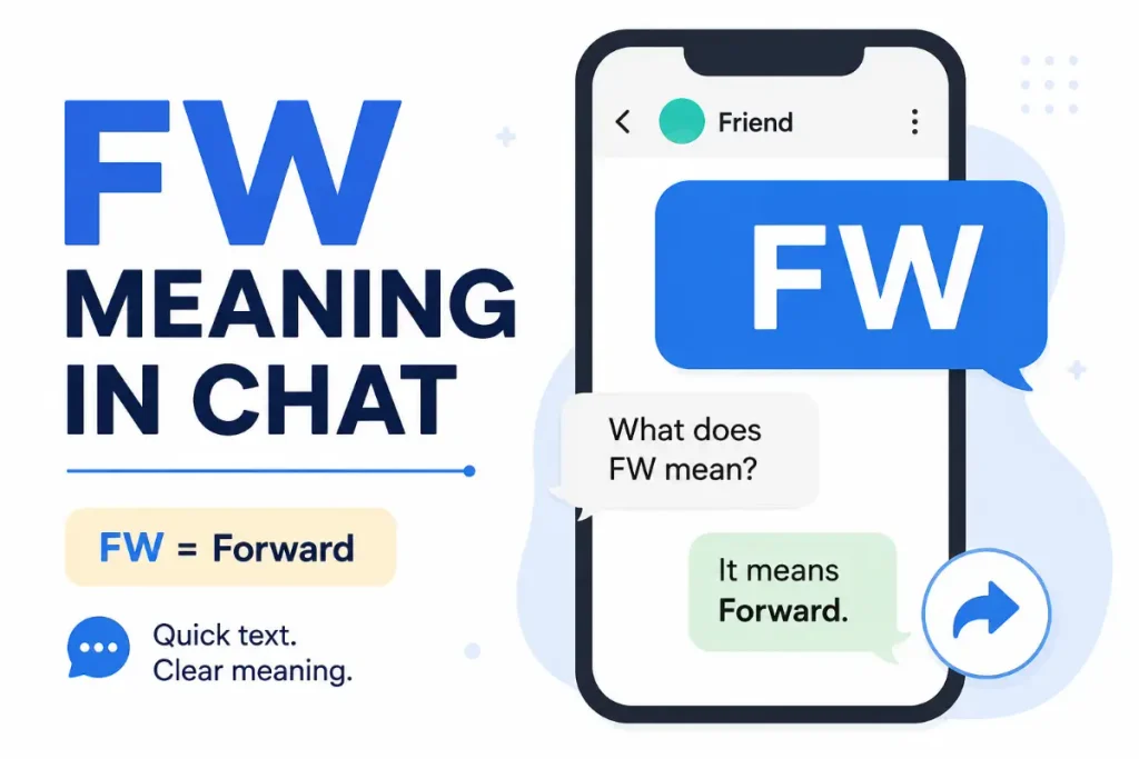 FW Meaning in Text explained with a simple chat illustration showing FW as Forward.