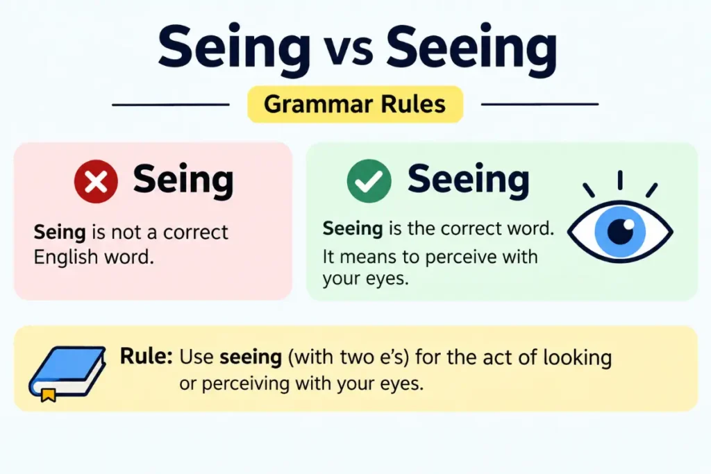 Seing vs Seeing Grammar Rules showing the incorrect and correct spelling with a simple grammar explanation.