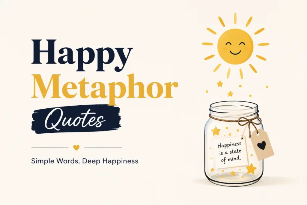 Metaphor for Happy: uplifting happy metaphor quotes illustrated with a smiling sun and jar of joy.