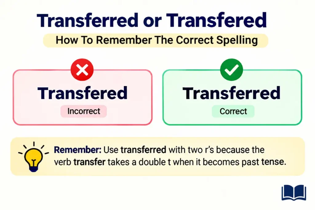 Transferred or Transfered grammar guide showing why Transferred or Transfered uses the correct spelling rule with memory tips.