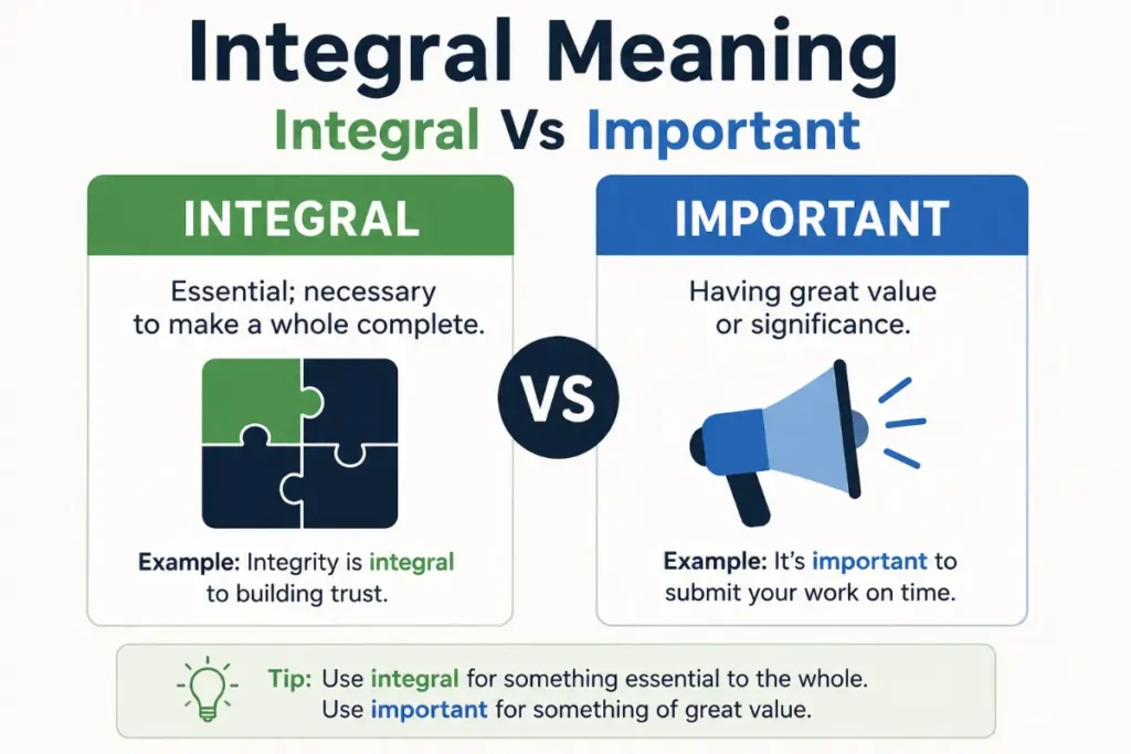 Integral Meaning explained with a clear comparison of integral vs important.
